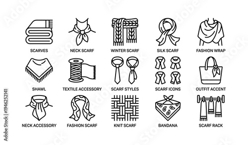 Scarf icons set: winter, knit, bandana, fashion and textile accessories