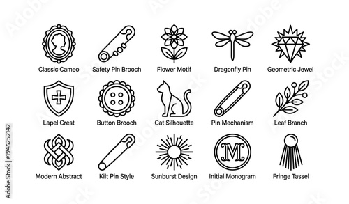 Elegant decorative pin designs: cameo, flower, animal, monogram, abstract