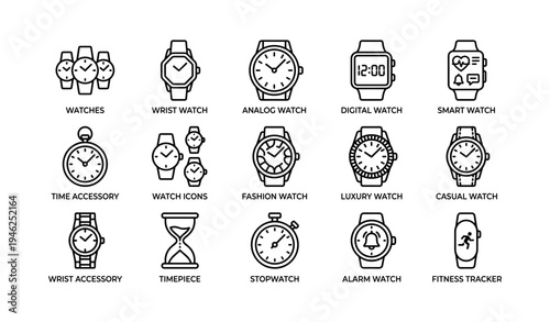 Variety of watch icons featuring analog, digital, and smart designs