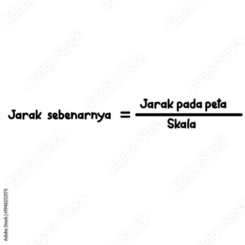 Actual distance formula from map scale isolated on white background mathematics concept handwritten in simple educational style illustration.
