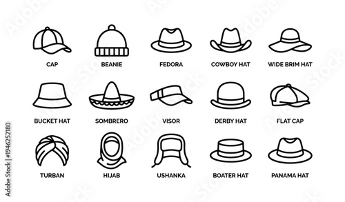 Collection of various hat styles: cap, beanie, fedora, and more