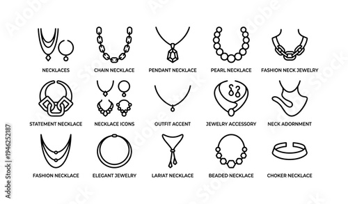 Collection of necklace icons: pendant, pearl, chain, choker, beaded, lariat, statement