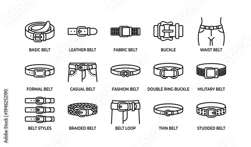 Various belt styles and types illustrated: leather, fabric, buckle, and more