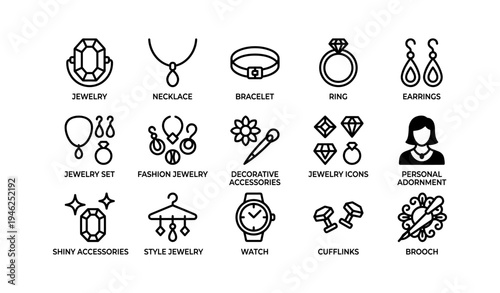 Jewelry icons set featuring necklace, earrings, ring, bracelet, and accessories