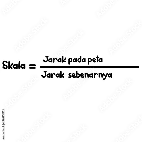 Map scale formula comparing map distance and real distance isolated on white background mathematics concept handwritten in simple educational style illustration.
