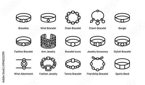 Diverse bracelet icons collection featuring various styles and designs