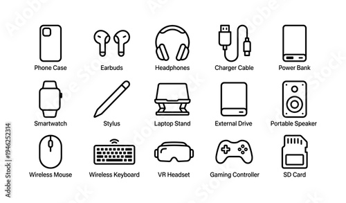 Electronic accessories collection: headphones, charger cables, smartwatch, portable speaker, vr headset