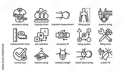 Accessory and jewelry sizing guide with measurement icons and tools