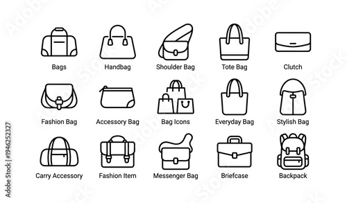 Collection of various bag icons including handbag, shoulder bag, tote, and more