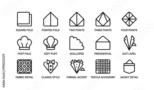 Various pocket square folding styles and patterns guide illustrated icons