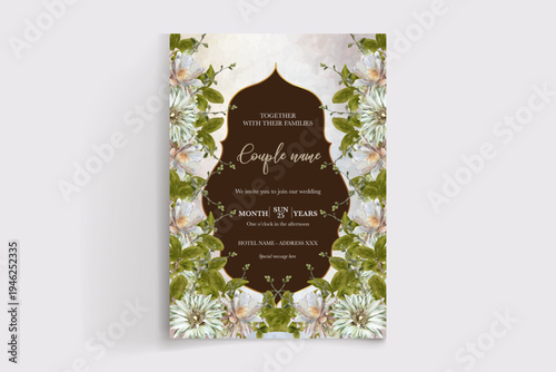 WEDDING INVITATION FRAME WITH FLOWER DECORATIONS AND FRESH LEAVES