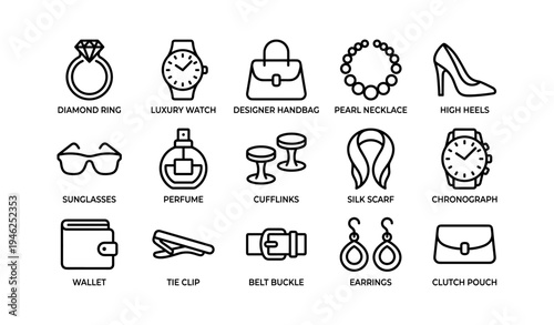 Fashion accessories icons featuring jewelry, watches, bags, and more