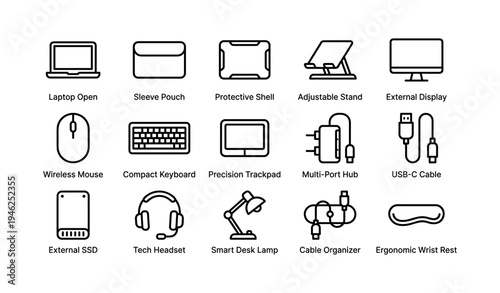 Essential laptop accessories: stand, display, mouse, keyboard, hub