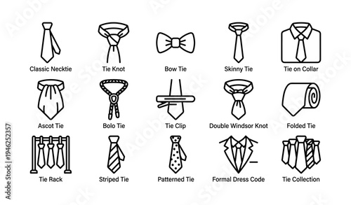 Collection of various tie styles and accessories icons