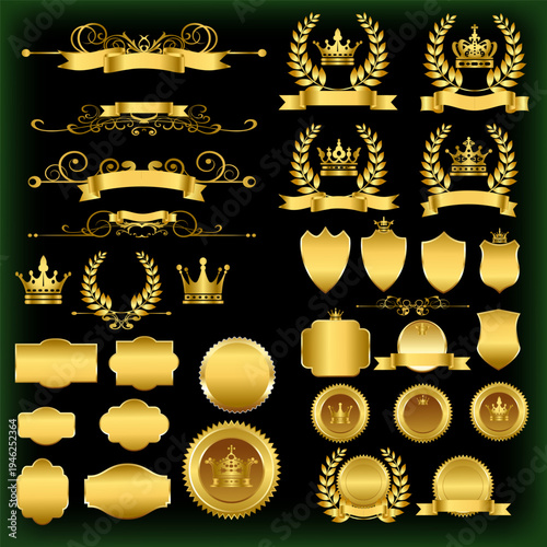 Vintage gold badge collection with laurel wreaths, crowns, shields and decorative frames. Retro premium labels and emblems isolated on dark background.