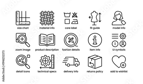 Online shopping icons: size chart, care label, delivery info, wishlist