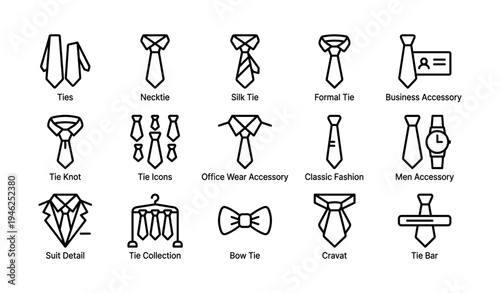 Tie icons collection: necktie, bow tie, cravat, suit accessories, office wear