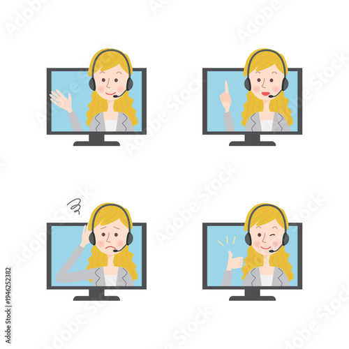 モニターに映る外国人女性の表情セット