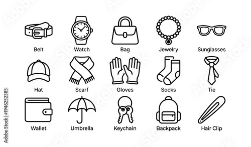 Fashion accessories icons: belt, watch, bag, jewelry, sunglasses, hat, scarf, gloves