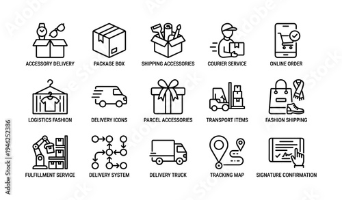 Delivery and shipping icons: package, courier, logistics, transport, accessories