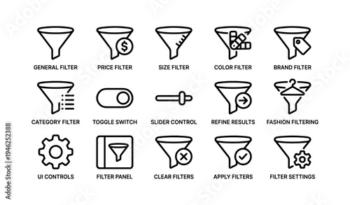 Icons of filtering options including price, size, color, category, and settings