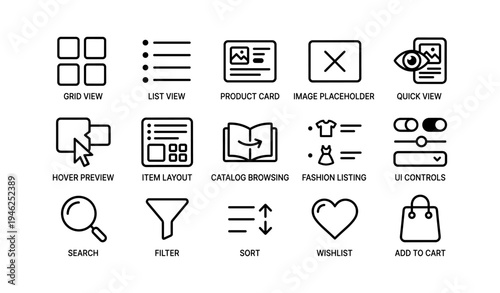 E-commerce user interface icons: shopping, viewing, filtering, adding to cart
