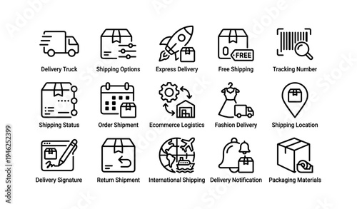Ecommerce shipping icons set: delivery, logistics, packaging, and tracking