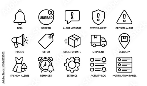Collection of notification and alert icons for various functions