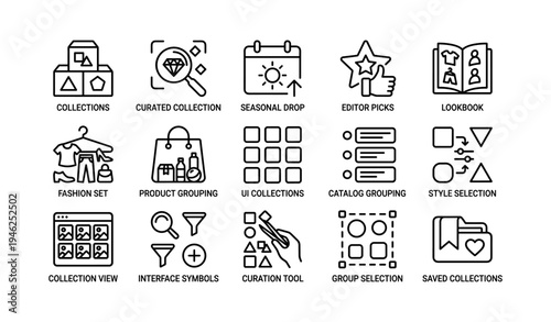 Icon set for managing collections and curation tools in user interface