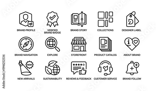 Ecommerce icons: brand, storefront, customer service, sustainability, reviews