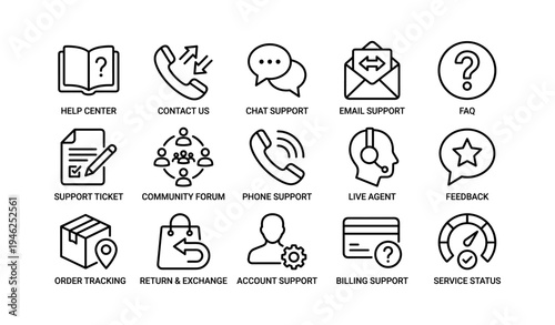 Customer service icons: communication, support, assistance, feedback, tracking