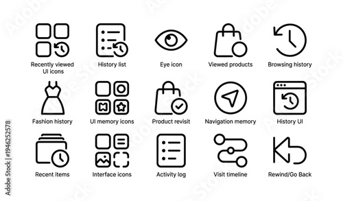 Ui icons for browsing and viewing history: memory, navigation, activity, shopping