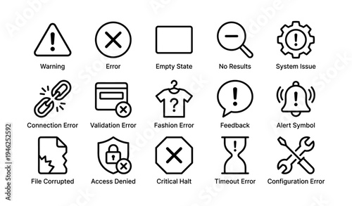 Error and alert icons set: warning, system issue, validation, feedback, alert symbol