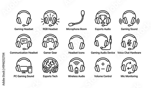 Gaming headset icons: microphone boom, rgb, esports, volume control, wireless audio