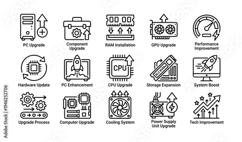 Pc upgrade icons depicting ram, cpu, gpu installation and system enhancement processes