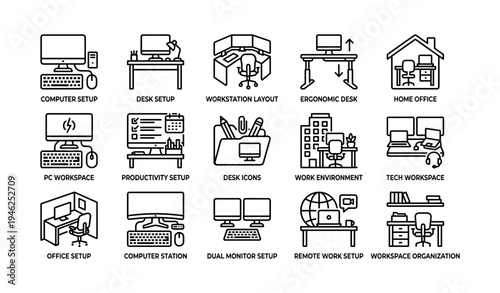 Workstation and office setup icons for remote work and productivity