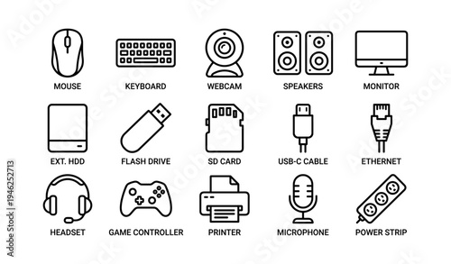 Computer peripherals icons: mouse, keyboard, webcam, speakers, monitor, and more