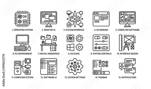 Computer software ui icons set: operating system, interface, settings, workspace, design