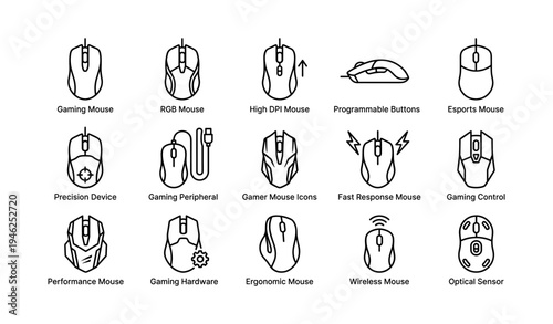 Gaming mouse icons: rgb, high dpi, programmable, esports, wireless, precision