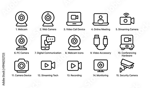 Webcam and communication icons: devices and accessories for online meetings and streaming