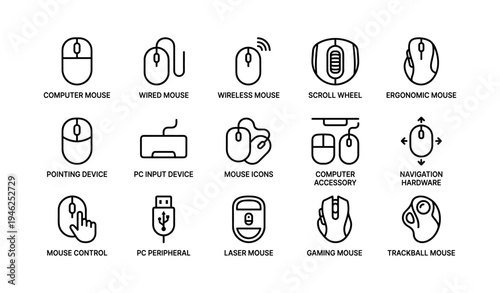Computer mouse icons collection with varied designs and functions