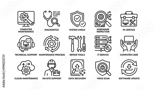 Icons depicting computer maintenance, diagnostics, system check, hardware inspection, and it services