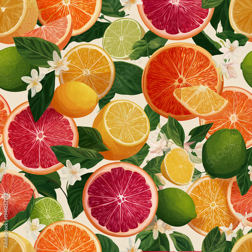 Seamless citrus pattern with grapefruit, orange, lemon, and lime slices, green leaves, and white blossoms in a vibrant botanical fruit illustration for wallpaper, textile, and decor art