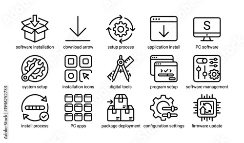 Software installation and setup icons - digital tools and configuration processes