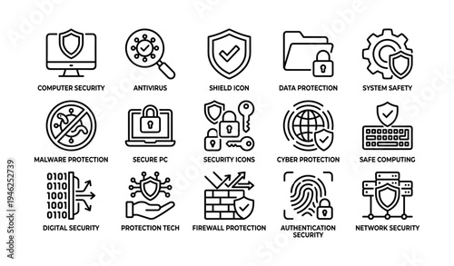 Computer security icon set featuring antivirus, data protection, cyber protection, and firewall