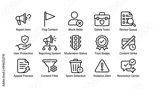 Icons illustrating content moderation and security features