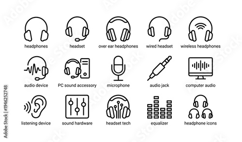 Audio device icon set featuring headphones, microphone, and audio jack symbols