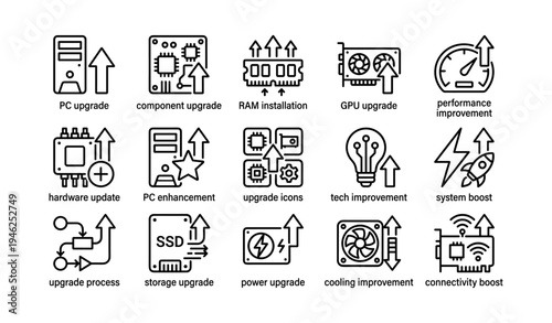 Pc upgrade icons: component and performance enhancement symbols for hardware and software improvement