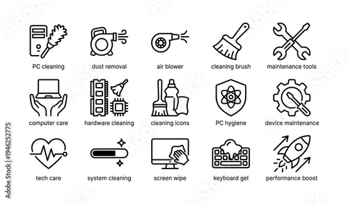 Pc cleaning and maintenance icons set for device hygiene and performance