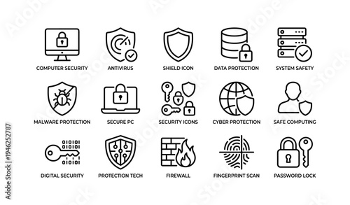 Cybersecurity icons: digital protection and safety symbols for online security